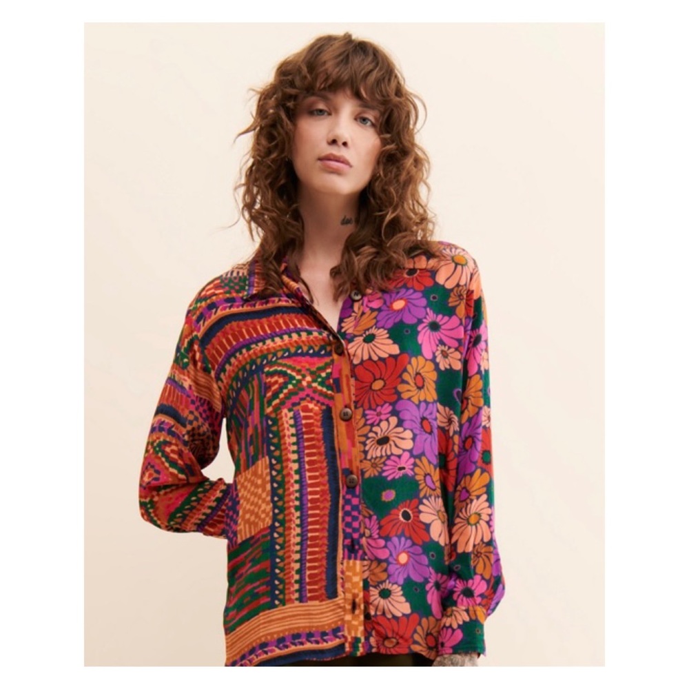 NWOT FARM Rio Multicolor Patchwork Floral Button-Up Top - Picture 4 of 6